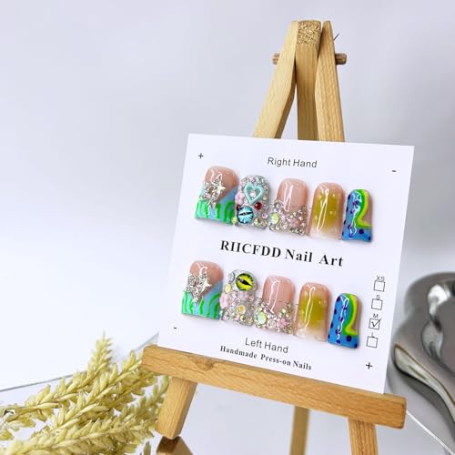 10 Pcs Handmade Duck Press on Nails Short Design 3D Stars Colorful Fake Nails Full Cover Thick French Tip False Nails with Rhinestone Acrylic Reusable Stick on Nails for Women DIY Decoration£¨Size M£©