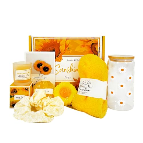 Unique Sunflower Gifts Basket for Women, Self Care Kit Set for Teen Girls, for Get Well Soon Gift, Happy Birthday, Valentines Day and Mothers day (pack of 8)