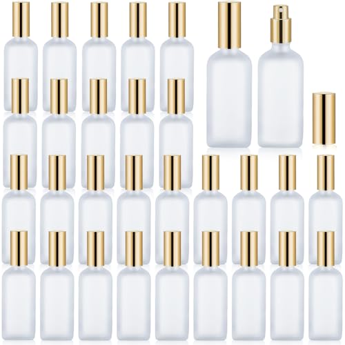 30 Pcs Glass Spray Bottle, 3.4 oz/ 100 ml Perfume Empty Bottles, Frosted Glass Spray Bottles, Refillable Clear Decorative Bottle with Gold Fine Mist Sprayer Pump for Face Body Travel