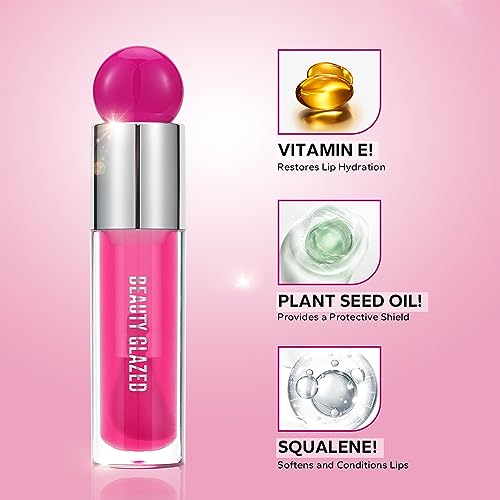Beauty Glazed Color Variety Non-Sticky Ultra-Hydrating & Nourishing Lip Oil, Smooth Glossy Finish Luxurious Lip Glow Oil, Shiny and Vegan Tinted Lip Gloss, Big Brush Applicator (106# PLUM)