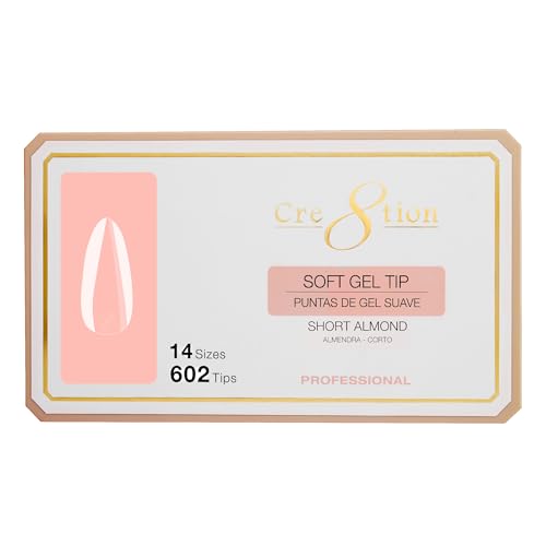 Cre8tion Soft Gel Nail Tips, Short Almond Shape, 602 Tips in 14 Sizes (00-9) for Professional Nail Extensions
