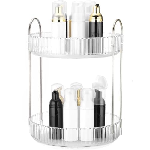 360 Rotating Makeup Organizer and Storage for Vanity Countertop 2 Tiers, High Capacity Cosmetic Skincare Perfume Organizers for Dresser Bathroom Lazy Susan
