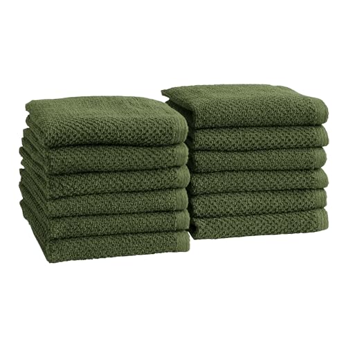 Great Bay Home 100% Cotton 12-Pack 13x13 Wash Cloth - Absorbent, Quick-Drying, Durable Face Towels for Bathroom Decor - Low-Twist, Two-Ply Fibers (Forest Green)