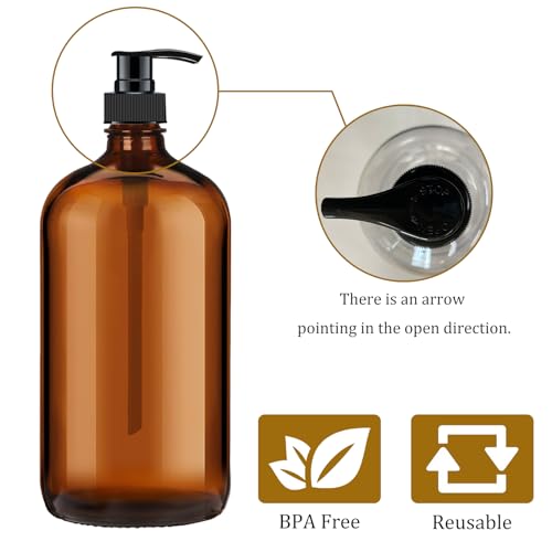 4 Pack 32 oz Amber Glass Pump Bottles, Glass Dispenser Bottles with Pump, Boston Round Bottles with Pumps for Shampoo and Conditioner, Body Shower, Lotion, Soap, Massage Oils