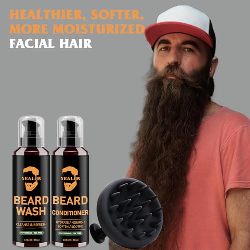 Beard Wash, Beard Conditioner w/Tea Tree Oils, Reduces Beard Dandruff & Relieves Itching, Strengthens, Softens and Nourishes Dry & Coarse Beards - Beard Shampoo w/Beard Brush 2 x 4 Fl Oz