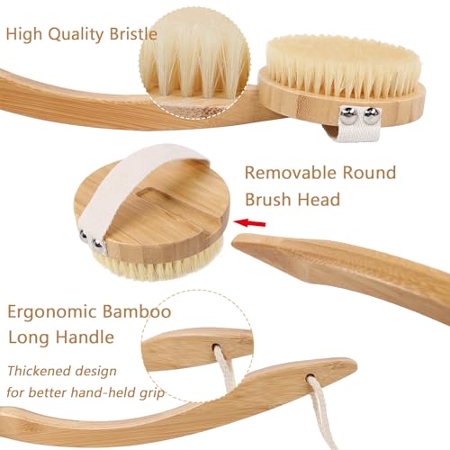 OWIIZI Dry Brushing Body Brush for Back, Detachable Round Head Bristle Large Area Body Brushes for Lymphatic Drainage, Bamboo Curved Long Handle Skin Exfoliator For Men Women Elders Dry Use