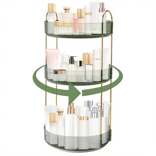 360¡Æ Rotating Makeup Organizer, Bathroom Make Up Spinning Holder Rack, Large Capacity Cosmetics Storage Vanity Shelf Countertop, Fits Cosmetics, Perfume, Skincare(3 Tiers, Green)