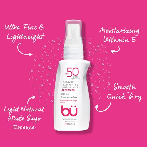 BU SPF 50 Sunscreen Spray for Face and Body, Non Aerosol Spray, TSA Travel Size Sunscreen, Clear, Non Greasy, Water Resistant, White Sage 1 oz (3 Pack)