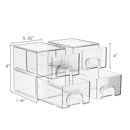 ZHIAI 4 Pack Clear Stackable Storage Drawer, Acrylic Drawer, Cosmetic Organizer, Plastic Organizer for Dresser, Under, Kitchen Cabinet, Pantry, Home Organization and Storage