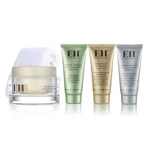 Emma Hardie Hydrate & Protect Kit, Gift Sets Includes: 50ml Moringa Cleansing Balm, 15ml Midas Touch Revitalising Cream, 15ml Protect & Prime SPF30 Cream, 15ml Pink Clay Detox Mask & a Cleansing Cloth