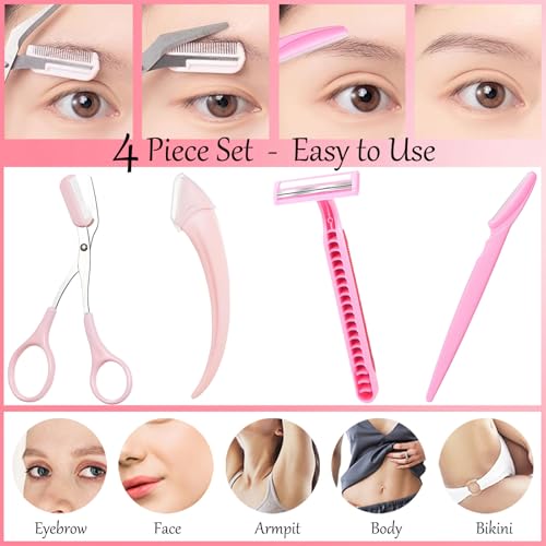 4PCS Eyebrow Trimmer Set, Eyebrow Trimmer Scissors with Comb, Curved Eye Brow Razor, Long Eyebrow Knife, Protable Razor, Waterproof Stainless Steel Facial Body Hair Removal Grooming