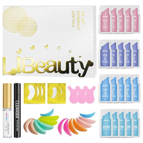 Libeauty Lash Lift Kit 20 Pcs Sachets, Brow Lamination Kit, Individually Packaged Lotion for Salon & Home Use with 5 Sizes L-Curl Shields