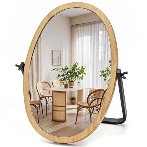 Vanity Makeup Table Mirror - Desk Mirrors 360 Adjustable Rotation,Wood Framed Small Standing Mirror for Bedroom,Tabletop,Office,Antique,Dresser,Countertop 11.8'' x 7.8''