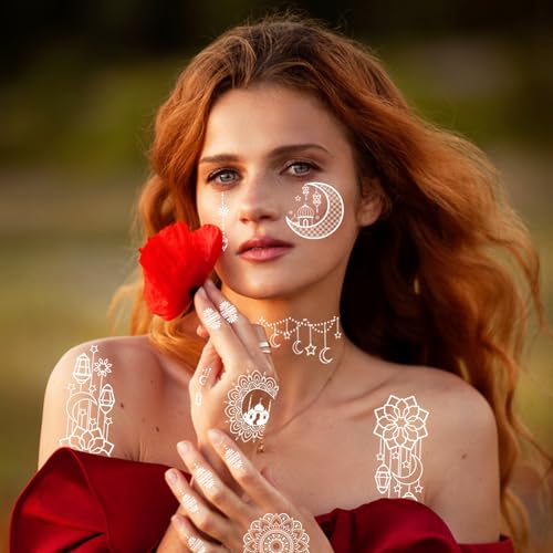 6 Sheets Henna Tattoos Temporary Stickers Waterproof Sexy Women Body White Party Masquerade Halloween Night Fluorescence Lotus DIY Face Arms Legs Art Decoration