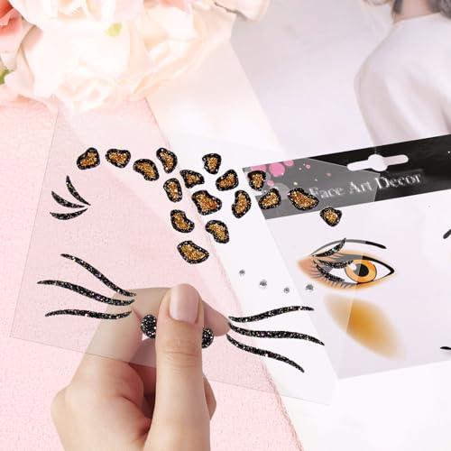 Leopard Print Temporary Tattoos, Self-Adhesive Leopard Face Jewels Cheetah Face Stickers for Halloween Costume Party Accessories