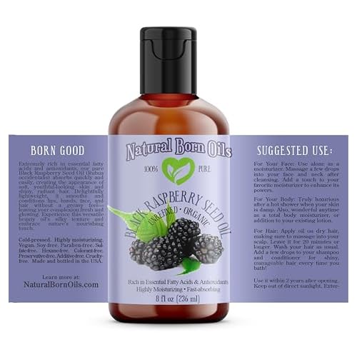 Natural Born Oils Black Raspberry Seed Oil, 8oz, Organic, Cold-Pressed, Antioxidant-Rich, Skin Rejuvenation, Hair Vitality
