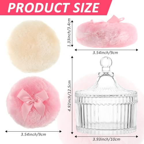 6 PCS Large Body Powder Puff and Container, 2 Pack 5.3" Body Powder Container with 4 Powder Puff,Washable Large Body Powder Puff Dish,Powder Puff Crystal Container,Soft Velour Face Body Powder Puff