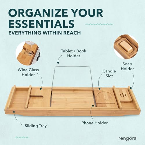 Expandable Bamboo Bath Tray for Tub ? 43" Wooden Bathtub Caddy with Shelf ? Spa Bathroom Decor & Accessories for Women ? Bathtub Tray for Relaxation & Storage