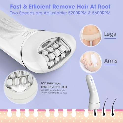 Epilator for Women, 7 in 1 Epilator Hair Removal for Women, Shaver, Bikini, Face Razor, Facial Brush, Face Massage and Body Exfoliator, Waterproof Painless Lady Shaver (White 227)