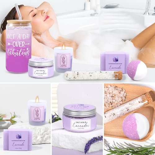 Spa Gift Baskets for Women, Lavender Relaxing Gifts, Bath and Body Gift Set, Self Care Kit, Whole Body, Natural, Exfoliating, Relaxing