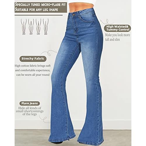 BISUAL Women's Fashion High Rise Jeans Slimming Wide Leg Stretch Denim Flare Bellbottom Jeans