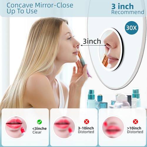 30X Magnifying Mirror with Lights, 30x Magnified Mirror with 3 Color Lights Adjustable Brightness, Rechargeable 6inch Travel Magnification with 3 Suction Cups - Includes Tweezers & Scissors