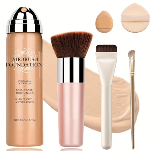 Magic Minerals Airbrush Foundation Spray - Lightweight Buildable Coverage, Hydrating Formula for Smooth Radiant Light Beige, Includes Foundation Brush, Powder Puff & Nose Shadow Brush - 03 Nude