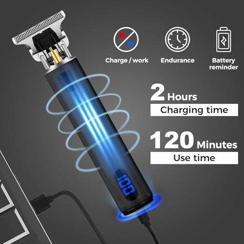 Professional Hair Trimmer for Men, Beard Trimmer Hair Clippers for Men, Cordless Rechargeable Hair Trimmer Metal Body Cutting Grooming Kit,Beard Shaver Barbershop (Black with LCD)