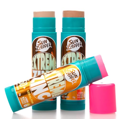 Sun Zapper Extreme Zinc Sunscreen Stick Beauty 3-Pack SPF 50+ Tan Bronze Coral Pink ? Tinted Mineral Makeup Sunscreen Sticks for Face, Water Resistant Surf Sunblock, 15g Each, Made in Australia
