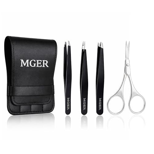 MGER Tweezers Set - Professional Stainless Steel Tweezers for Eyebrows - Great Precision for Facial Hair, Splinter and Ingrown Hair Removal (Black)