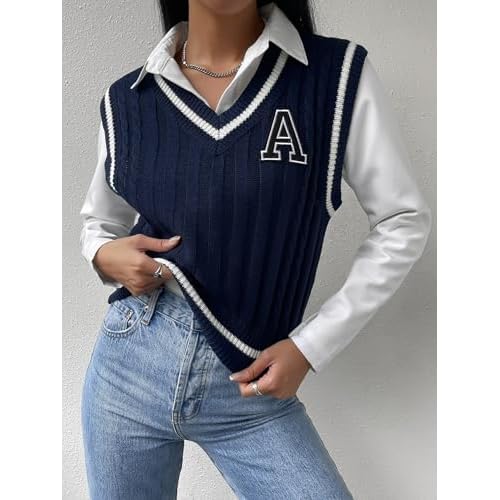 Floerns Women's V Neck Letter Striped Trim Sleeveless Sweater Vest Knit Top