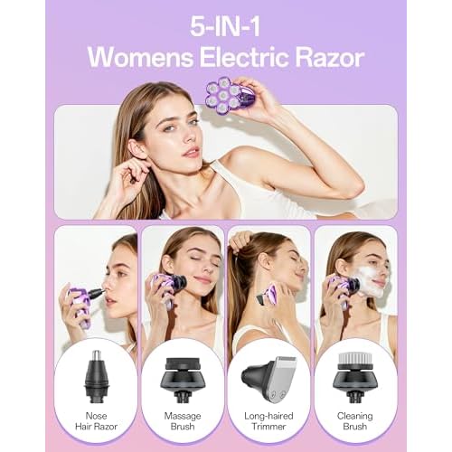 5-in-1 Electric Razors for Women, 7D Magnetic Heads Full Body Shaver, Waterproof Wet Dry Hair Remover with LED Display, Rechargeable Bikini Trimmer for Underarms, Face, Legs, Lips, Arms (Purple)