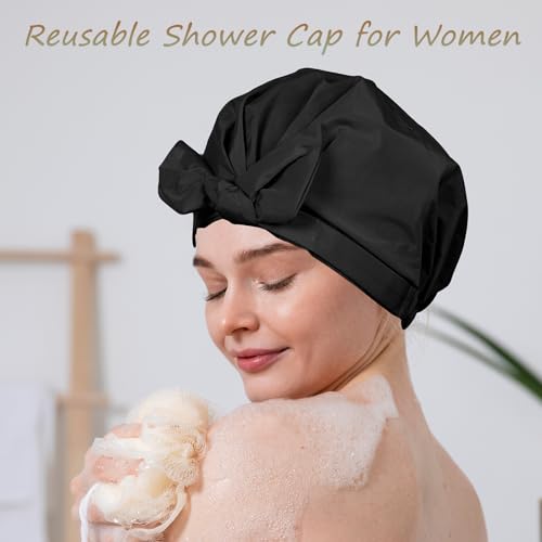Shower Cap for Women Reusable Waterproof, Large Satin Shower Bonnet, Washable Bath Hat for Long Hair, Braids, Curly Hair, Pink + Black