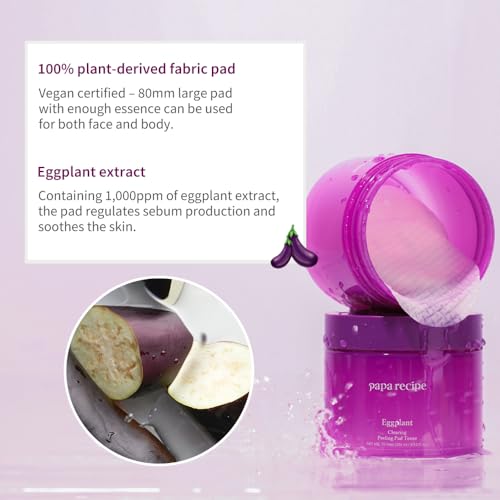 Papa Recipe Clearing Exfoliating Toner Pads ? Dual-sided Korean Skin Care Pads with 1,000ppm of Eggplant Extract, AHA BHA PHA - Exfoliates, Hydrates & Smooths Skin Texture for Sensitive Skin - 70ct