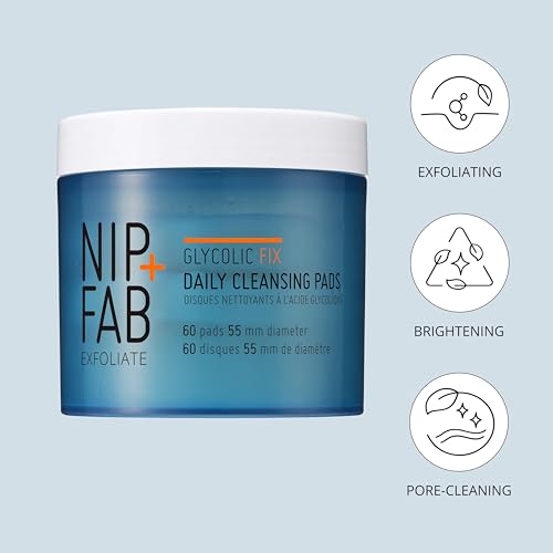 Nip + Fab - Glycolic Fix Daily Cleansing Pads - Glycolic Acid Exfoliating Pads - Daily Facial Cleanser - With Hyaluronic Acid and Blue Daisy - Biodegradable Skincare Pads - 60 Pads