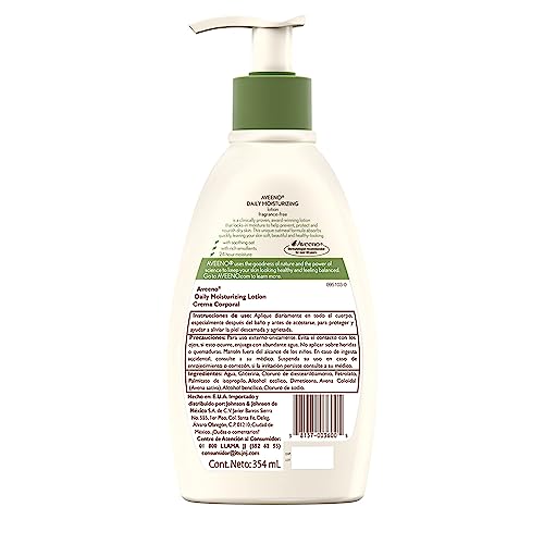 Aveeno Daily Moisturizing Body Lotion with Soothing Prebiotic Oat, Gentle Lotion Nourishes Dry Skin With Moisture, Paraben-, Dye- & Fragrance-Free, Non-Greasy & Non-Comedogenic, 12 fl. Oz (Pack of 2)