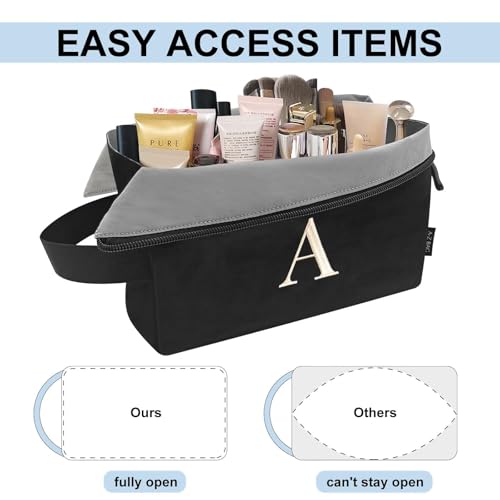 A-Z BAG Lightweight Toiletry Bag, Water-Resistant Personalised Makeup Bags with Embroidery Initial, Birthday Gifts for Women Men (G, Black)