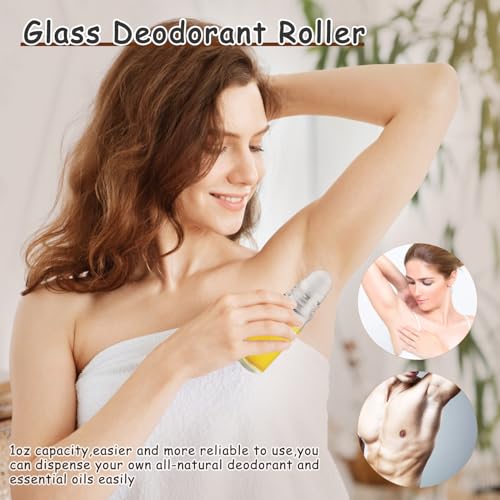 Large Glass Roll On Bottles,Empty Glass Deodorant Roller Bottles With Large Plastic Roller Ball for Essential Oil,Deodorant,Castor Oil,Body Oil-Dispense Containers for Pains (Clear, 1oz/30ml)