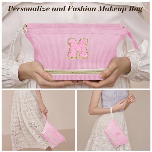 Birthday Gifts for Girls, Personalized Initial Make up Bag 18th Birthday Gifts for Girls Women, Travel Make up Bag Cosmetic Bag Preppy Stuff Bag for Her Mom Girlfriend Wife Teacher - Pink F
