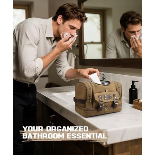 ARCFOX Travel Hanging Toiletry Bag for Men, Vintage Canvas Large Toiletry Bag with 7 Compartments, Camping Gym Travel Toiletry Kit Organizer with PVC Wet & Dry Pockets, Personalized Wash Bag, Brown