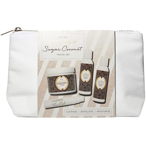 LaLicious Sugar Coconut Travel Set - Whipped Sugar Scrub, Shower Gel/Bubble Bath, Body Butter & Body Oil in a Luxe Velour Makeup Bag (4 Piece Kit)