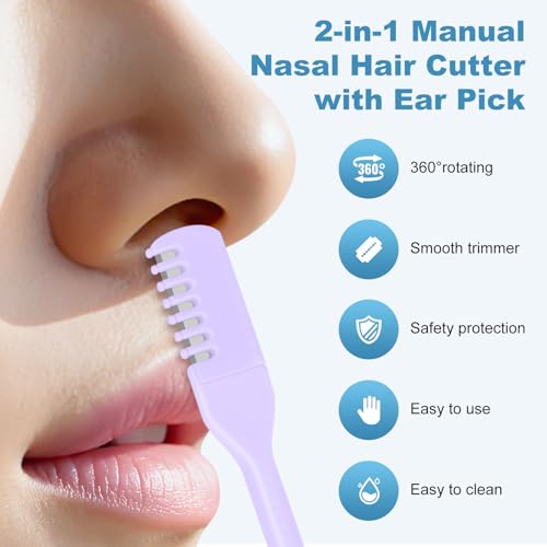 5PCS 2-in-1 Nasal Hair Cutter, Manual Nose Hair Trimmer Cutter with Ear Pick for Women & Men 360¡ÆRotating Nose Hair Remover Grooming Tool Knife Razor Portable Nostril hair Trimmer Clipper (Purple)