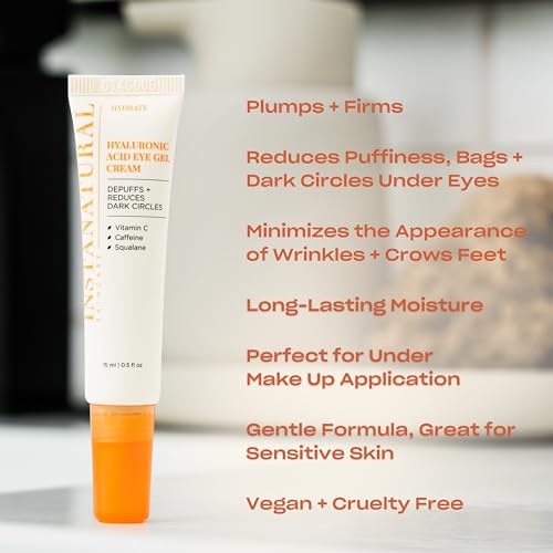 InstaNatural Hyaluronic Acid Eye Gel Cream, Hydrating Under Eye Cream for Women & Men, Decreases Puffiness, Dark Circles and Wrinkles, with Vitamin C, Caffeine, Squalane & Peptides, 0.5 Fl Oz