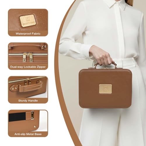 Prite Makeup Bag With LED Mirror 3 Light Modes Adjustable Brightness, Travel Cosmetic Train Case with Adjustable Dividers & Brush Holder, Portable Makeup Artist Organizer Bag for Women(Brown)