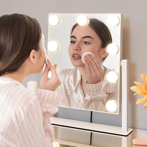 Vanity Mirror with Lights,Lighted Vanity Mirror with 9 Dimmable Bulbs for Dressing Room & Bedroom,3 Color Lighting,Modes Detachable 10x Magnification 360¡ÆRatation(White) 12" L x 14.4" W
