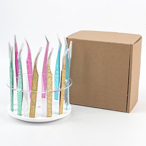 12 Holes Acrylic Rotatable Tweezers Holder Eyelash Makeup Grafting Tweezer Display Stand Extensions Organizer (White)