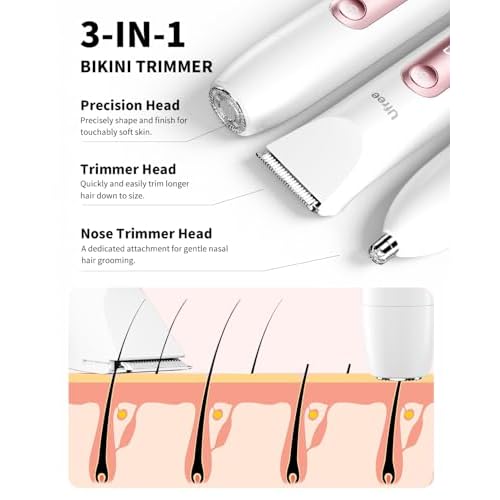 Ufree Bikini Trimmer Electric Razors for Women Dual Head, Pubic Body Hair Trimmer Electric Shaver for Face, Legs, Arm, Rechargeable Lady Shaver Waterproof, Summer Grooming Kit, Gifts for Her