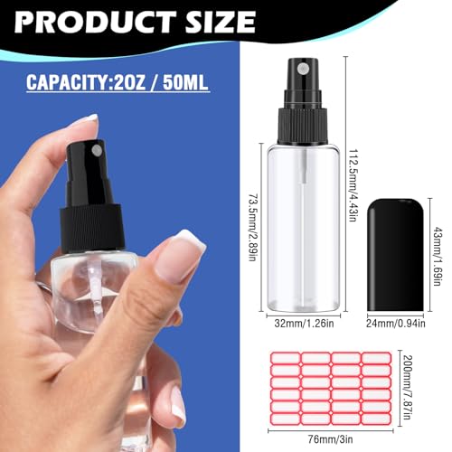 100 Pack 2oz/55ml Plastic Small Spray Bottles Mini Travel Spray Bottle with Black Cap Empty Fine Mist Spray Bottles Refillable Liquid Container for Perfumes Travel Makeup