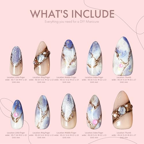 Cosmic Veins 10pcs Press On Nails Long, Blue Purple Marble Glossy Fake Nails with Gem & Golden Veins, Artistic Acrylic/UV Gel Luxury Press-On Nails Set for Women (Multicolor, S)