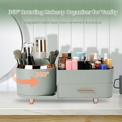 Beborxue 360¡Æ Rotating Makeup Organizer for Vanity with Drawers, Large Capacity Cosmetic Display Case, skincare organizer, Cosmetic Organizer for Lipstick, Skincare, Brushes, Eyeshadow, (Green)